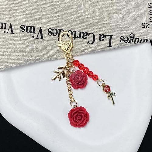 Joiigaem Rose Keychain Charms Camellia Flower Pendent Tassel Chain Key Rings Accessories for Women thumbnail 3