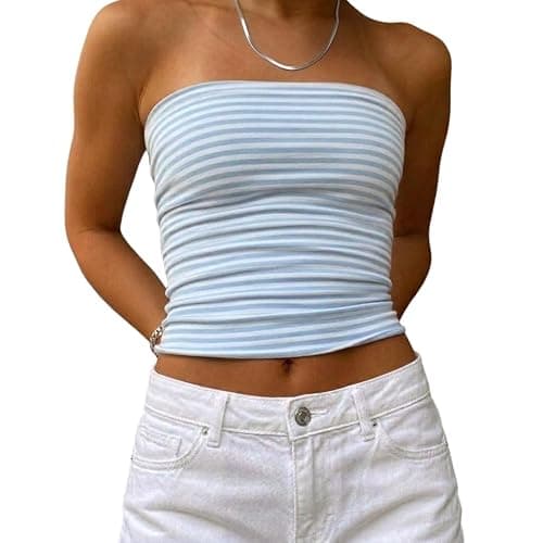 Women Cute Striped Tube Tops Y2K Aesthetic Strapless Bandeau Sleeveless Backless Crop Top Casual Spring Summer Going Out - Image 1
