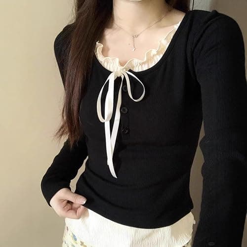 Y2K Coquette Shirts Girly Lace Patchwork Tight Crop Tops Women Fairycore Aesthetic Baby Tee Bow Tie Cutecore Clothes thumbnail 5