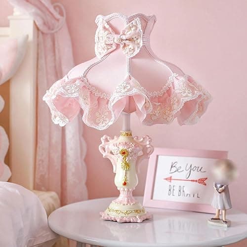 WISHVYQ European Style Pink Table Lamps Victorian Desk Lamp American Retro Handmade Fabric Lampshade with Resin Lamp Body Bedside Lamp for Girl's Bedroom Office Living Room - Image 1