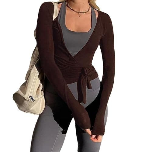 Women Wrap Tie Top Y2k Long SLeeve Ballet Workout Yoga Shirt Coquette Blouses - Image 1