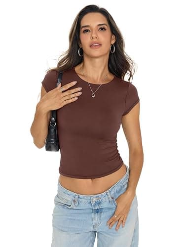 EasyGala Womens Double Lined Tops Cropped Cap Sleeve Shirts Crew Neck Fitted Going Out Tees Y2k Summer Clothes 2026 thumbnail 2