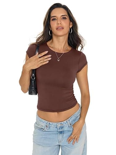 EasyGala Womens Double Lined Tops Cropped Cap Sleeve Shirts Crew Neck Fitted Going Out Tees Y2k Summer Clothes 2026 thumbnail 3