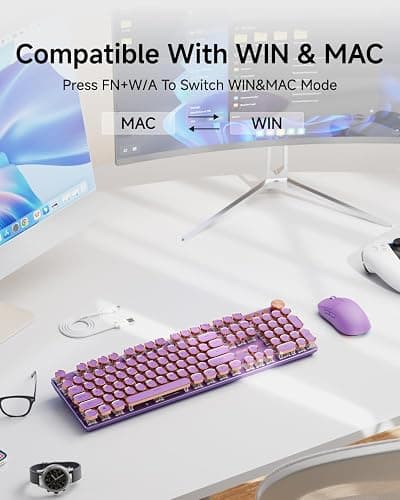 EWEADN Wired Typewriter Mechanical Keyboard, Low Noise Pink Switch Retro Punk Keyboard with Media Knob, White Backlit, Metal Panel, 104-Key Round Keycaps Cute Keyboard for Windows PC -Purple thumbnail 9