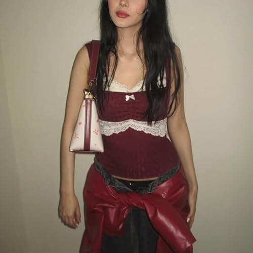 Women Grunge Coquette Tops Y2K Cute Core Vintage Aesthetic Fairy Shirts 2000s Lace Trim Tank Top Downtown Girl Clothes thumbnail 4