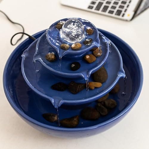 Indoor Tabletop Ceramic Fountain Water Feature Home Kitchen Office Decoration Modern Design Style (Blue) thumbnail 5