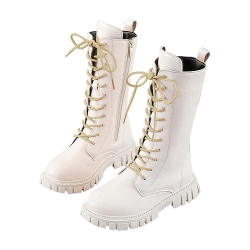 betible Girls Boots Knee High Zip Up Lace Up Outdoor Booties Winter Fashion Long Leather Boot for Little Kid Big Kid - Image 1