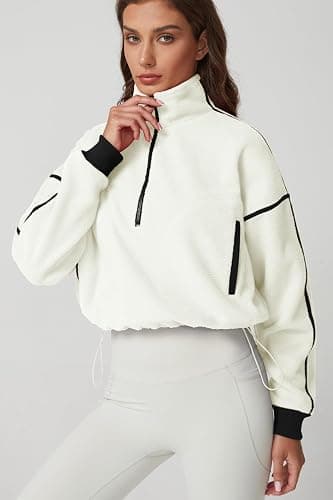QINSEN Women's Half Zip Fleece Short Pullover Sweatshirt Winter Long Sleeve Cozy Sherpa Sweater Top thumbnail 5
