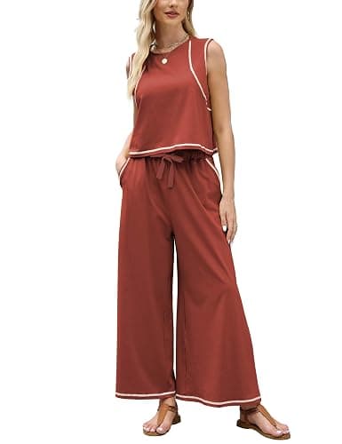Ynhonra Women’s 2 Piece Lounge Set Sleeveless Tank Top & Wide Leg Pants Contrast Trim Relaxed Casual Matching Outfit - Image 1