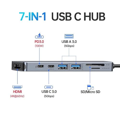 USB C Hub HDMI Adapter for MacBook Pro/Air, 7 in 1 USB C Dongle with HDMI, SD/TF Card Reader, USBC Data Port,100W PD, and 2 USB 3.0 Compatible for MacBook Pro/Air, Dell XPS, Lenovo Thinkpad thumbnail 2
