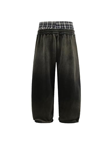 Aelfric Eden Double Waist Washed Baggy Sweatpants Loose Wide Leg Plaid Patchwork Casual Pants with Pockets thumbnail 4