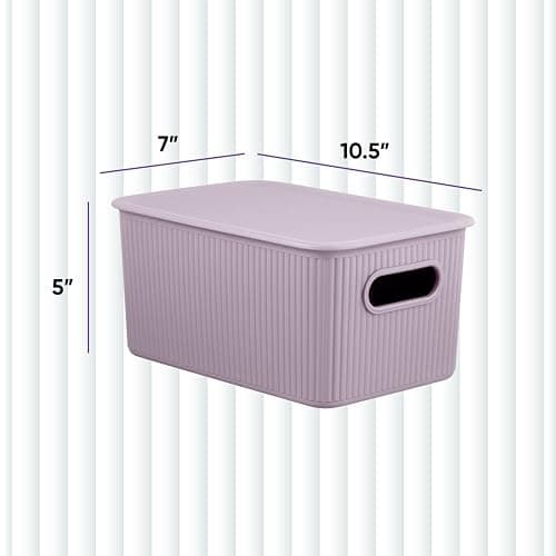 Decorative Plastic Basket Lidded Home Storage Bins Organizer, Medium Lilac Purple (1 Pack - 5 Liter) Stackable Container Box, for Organizing Closet Storage Bins for Shelves - Ribbed Collection thumbnail 3
