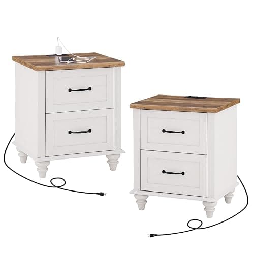 WAMPAT 2 Pack Nightstands with Charging Station, Set of 2 End Table with 2 Power Outlets & 2 USB Ports for Living Room, Antique Side Table with 2 Drawers for Bedroom, Off White thumbnail 9