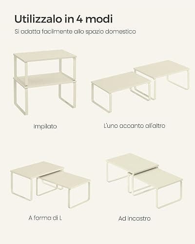 SONGMICS Scaffale Portaspezie, Set di 2 Organizzatori da Cucina Espandibili, Scaffale da Cucina Impilabile, Metallo e Legno Ingegnerizzato, Bianco Crema KCS002W02 thumbnail 6