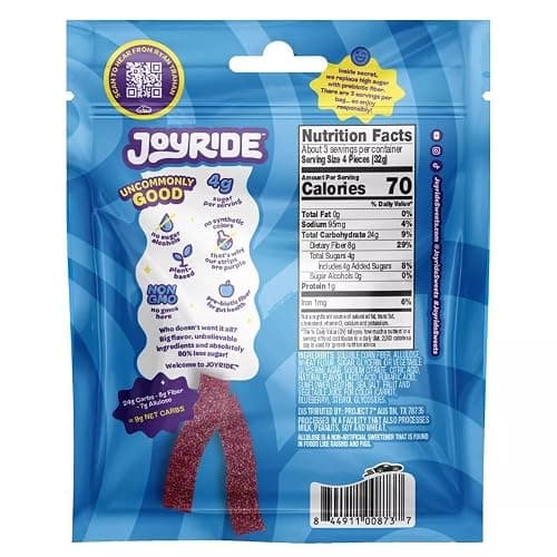 Joyride Sweets Sour Blue Raspberry Candy Strips, 3.5oz Pack, Sour Gummy Candy Strips, 80% Less Sugar, Plant Based Candy thumbnail 2