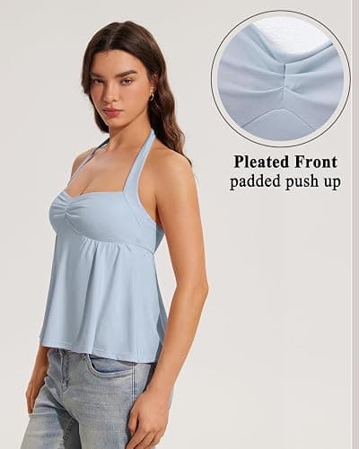 OMKAGI Cute Peplum Halter Tops for Women Built in Bra Sleeveless Going Out Tank Top thumbnail 4