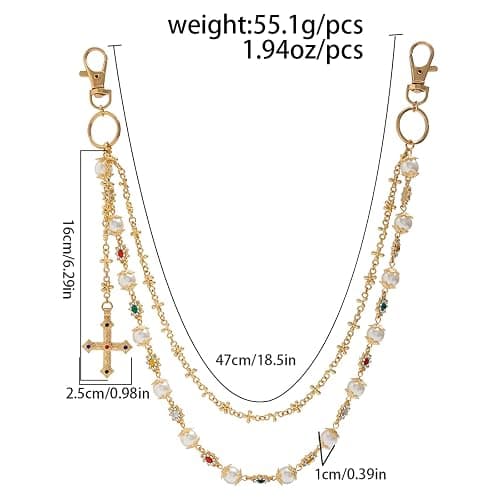 Fashion Layered Pants Wallet Chains - Exquisite Gold Silver Rhinestone Flower Pearl Jean Pocket Chain for Women Men Cute Bag Purse Charms Jewelry thumbnail 2