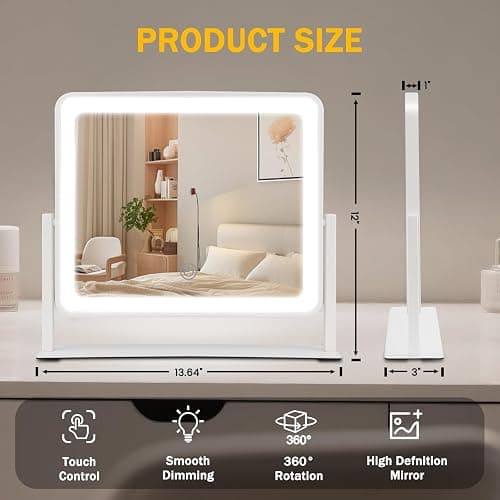 Bearolve Vanity Mirror with Lights, 14"×12" LED Makeup Mirror, HD Professional Mirror, Smart Touch with 3-Color Lighting, Dimmable, 360° Rotation, Lighted Up for Makeup Desk, Bedroom (White) thumbnail 2