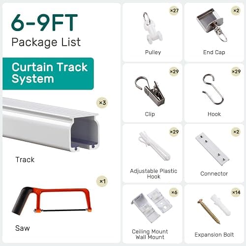 Houmiggle Ceiling Curtain Track System with Wall Mount, Silent Curtain Rail for Room Divider with Three Types of Hooks, 6ft - 9ft, White thumbnail 9