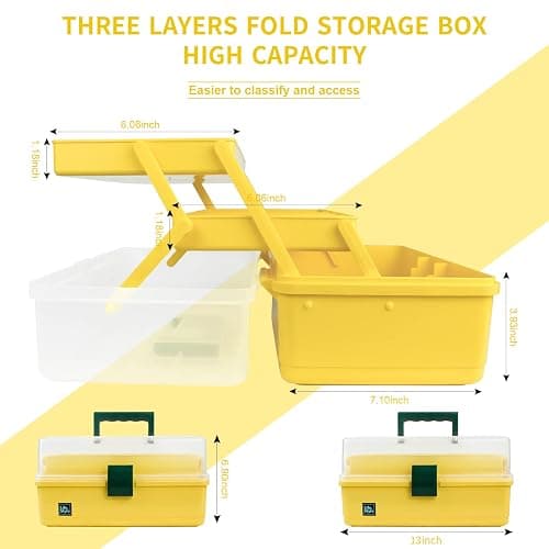 Creahaus 13 inch Art Craft Organizer Storage Box with 3 Layer, Multipurpose Plastic Tool Box with Handle for Sewing, Art Supply, Medicine, Nail, Hair Accessories (Yellow) thumbnail 2
