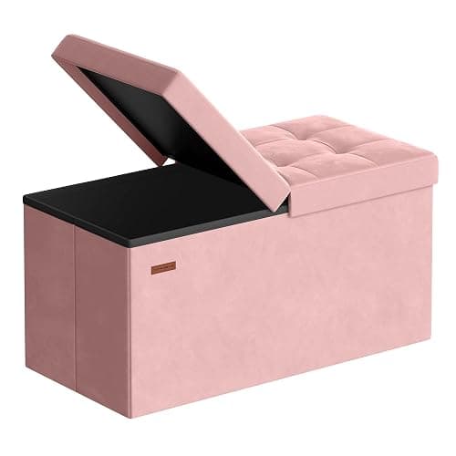 SONGMICS Mazie Collection - 30 Inches Storage Ottoman, Foldable Storage Bench with Flipping Lid, 660 lb Load Capacity, for Entryway, Living Room, Bedroom, Velvet Fabric, Jelly Pink ULSF048SA03 - Image 1