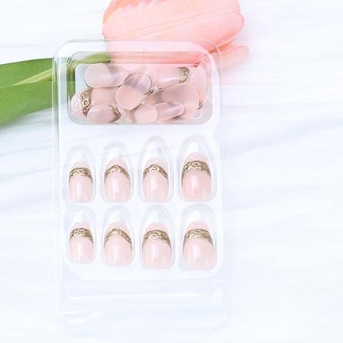 3D Gilded Press on Nails Short Oval Press on Gold French Tip Fake Nails Golden Chrome Designs False Nails Glossy Nude Full Cover Artificial Nails for Women DIY Manicure Charms Decor Supplies 24Pcs thumbnail 6