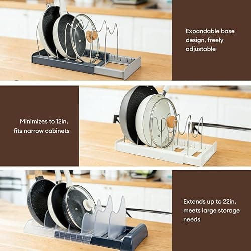 Tenrry Adjustable Pot and Pan Organizer for Cabinet, Expandable 12"-22" Pan Lid Rack with 7 Stainless Steel Dividers, ABS White Kitchen Cabinet Organizer for Pots, Lids, Cutting Boards thumbnail 6