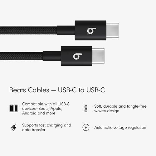 Beats USB-C to USB-C Woven Cable Fast Charging Durable/Tangle-Free Compatible Charger for Apple & Android Devices (1.5 m, 5 ft) - Bolt Black thumbnail 2