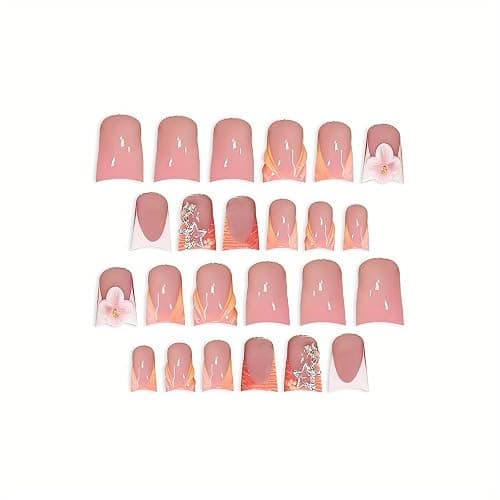 24Pcs Medium Press on Nails Duck Fake Nails Orange French Tip Nails Press on with Charms Star and Flower Designs False Nails Glossy Full Cover Acrylic Nail Glue on Nail for Women Girls thumbnail 5
