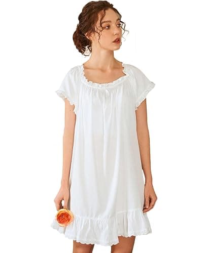 Nanxson Women's Cotton Nightgown Short Sleeve Sleepwear Vintage Nightshirt | Summer Victorian Sleepdress,White Sleepshirt,U Neck Lace Loungewear,Soft Nightshirt,Loose Loungedress,Bride Nightwear thumbnail 5