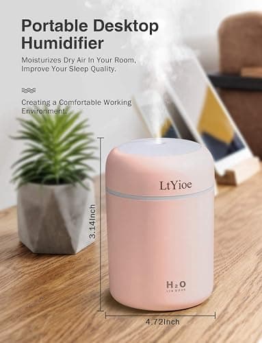 LtYioe Colorful Cool Mini Humidifier, USB Personal Desktop Humidifier for Car, Office Room, Bedroom,etc. Auto Shut-Off, 2 Mist Modes, Super Quiet. (Pink) thumbnail 3