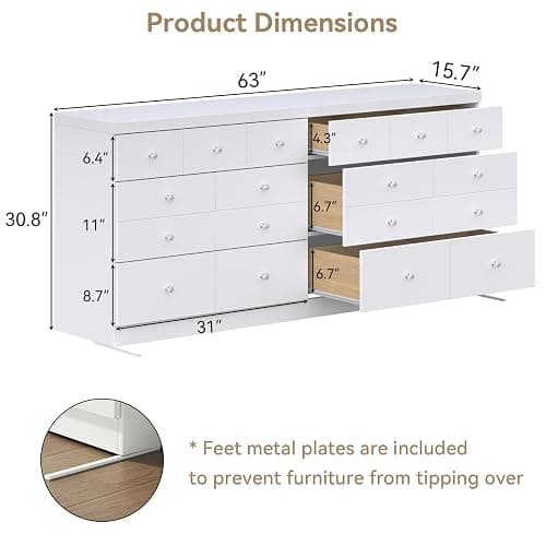63'' Long Dresser for Bedroom, Modern 6 Drawer Dresser with 14 Organized Compartments & Glass Handles, Extra Large Chest of Drawers with Storage Drawer, Double Wide White Wood Dressers for Bedroom thumbnail 2