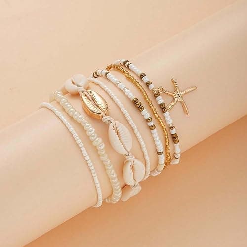Qceasiy Shell Ankle Bracelet Set for Women, Gold Plated Boho Bead Adjustable Anklet, Hawaiian Beach Seashell Pearl Heart Starfish Conch Foot Jewelry Gifts thumbnail 6