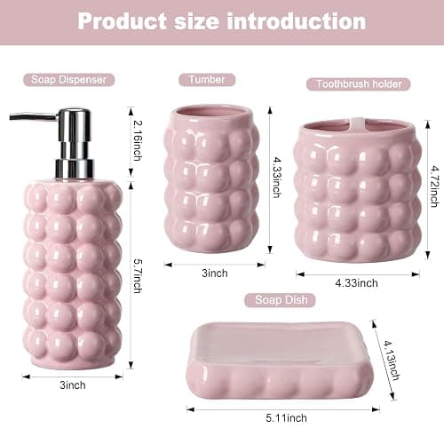 4 Piece Ceramic Bathroom Accessories Set –Soap Dispenser,Toothbrush Holder,Tumbler & Soap Dish,Includes Silicone Funnel,Non-Slip,Modern Farmhouse Countertop Organizer Set for Bathroom Decor, Pink thumbnail 3