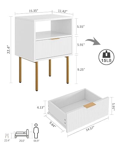 Masupu Nightstand,Mid-Century Modern Bedside Table with Storage Drawer and Open Wood Shelf,Small Gold Frame Side Table for Bedroom,Living Room,White thumbnail 2