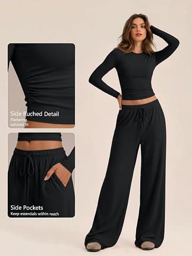 Trendy Queen Women's 2 Piece 2026 Fall Fashion Lounge Set with Pockets | Airport Outfit, Athleisure Workout Set, Fall Wardrobe Staple, Winter Style, Side-Ruched Top, Drawstring Wide-Leg Pants thumbnail 5