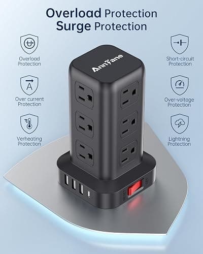 AnnTane Surge Protector Power Strip 10 FT Cord, Power Strip Tower with 4 USB Ports (1USB C), Extension Cord with 12 AC Multiple Outlets, Home Office Supplies Desk Accessories, Dorm Room Essentials thumbnail 4