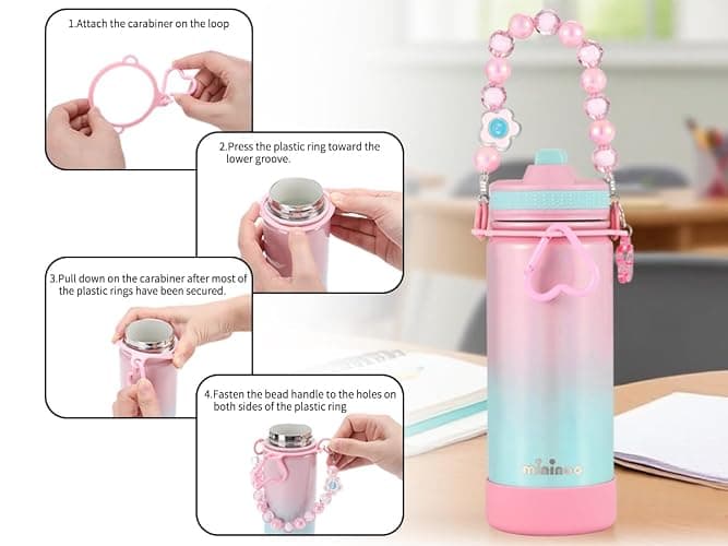 Mininoo Kids Water Bottle for School - 16 oz Stainless Steel Insulated Water Bottle with Ceramic-Lined, Leakproof Straw Lid & Beaded Handle for Girls & Boys thumbnail 7
