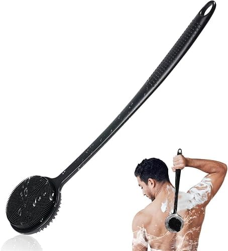 Silicone Back Scrubber for Shower, 17in Lengthen Long Handle Body Brush, Double Sided Shower Brush for Shower Exfoliating and Massage Can Produce Rich Foam, Long Handle Back Scrubber for Men - Image 1