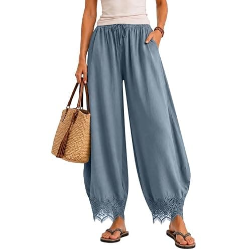 Womens Cropped Lace Trim Pants High Waisted Elastic Drawstring Wide Leg Trousers Casual Flowy Boho Pant with Pockets thumbnail 2