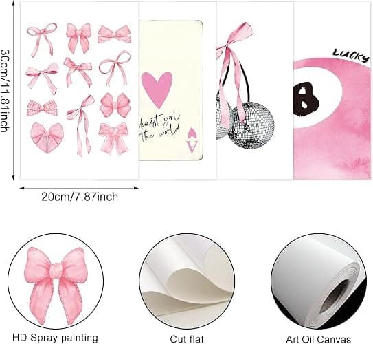 Lidy 4 PCS Pink Bow Disco Cherry and 8 Ball Lucky Aesthetic Decor Poster Wall Art Decor Canvas Poster Gifts for College Girly Preppy Dorm Room Coquette Pink Decor 8x12 inch (20x30cm Unframed) thumbnail 4