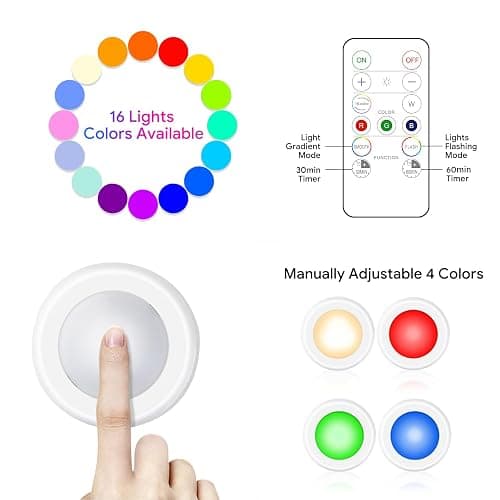 Yiliaw 6 Pack LED Puck Lights Remote Control 16 Color Changeable Under Cabinet Lights, Battery Operated Lights Night Light with Dimmer & Timmer for Closet Bedroom Kitchen, White thumbnail 5