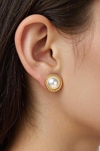 18K Gold Plated Pearl Earrings for Women, Cubic Zirconia Stone Simulated Set Diamond Earrings, Gift for Mom Daughter Sister, Anniversary Birthday Gift, Lightweight Hypoallergenic Jewelry thumbnail 3