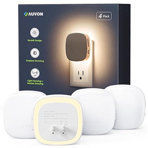 AUVON Plug-in LED Backlit Night Light with Motion Sensor & Dusk to Dawn Sensor, Dimmable Warm White Nightlight with 1-50 lm Adjustable Brightness for Bedroom, Bathroom, Stairs, Hallway (4 Pack) - Image 1