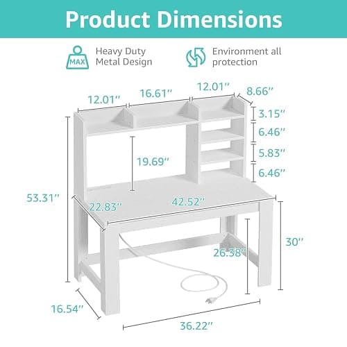 WINAZ 43" White Student Desk with Hutch and Built-in Power Outlet | Computer Writing Desk with Storage Shelves for Small Space, Modern Home Office Workstation for Bedroom Dorm thumbnail 3