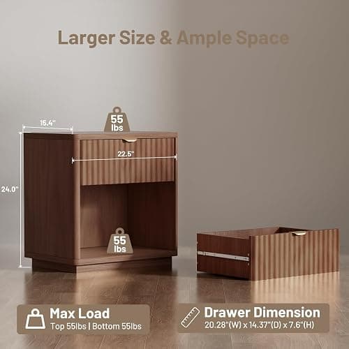 SnuHome Nightstands Set of 2, Nightstand with Drawers Bedside Table End Table, Modern Fluted Nightstand Bed Side Table for Bedroom Living Room Home Office (Brown) thumbnail 2