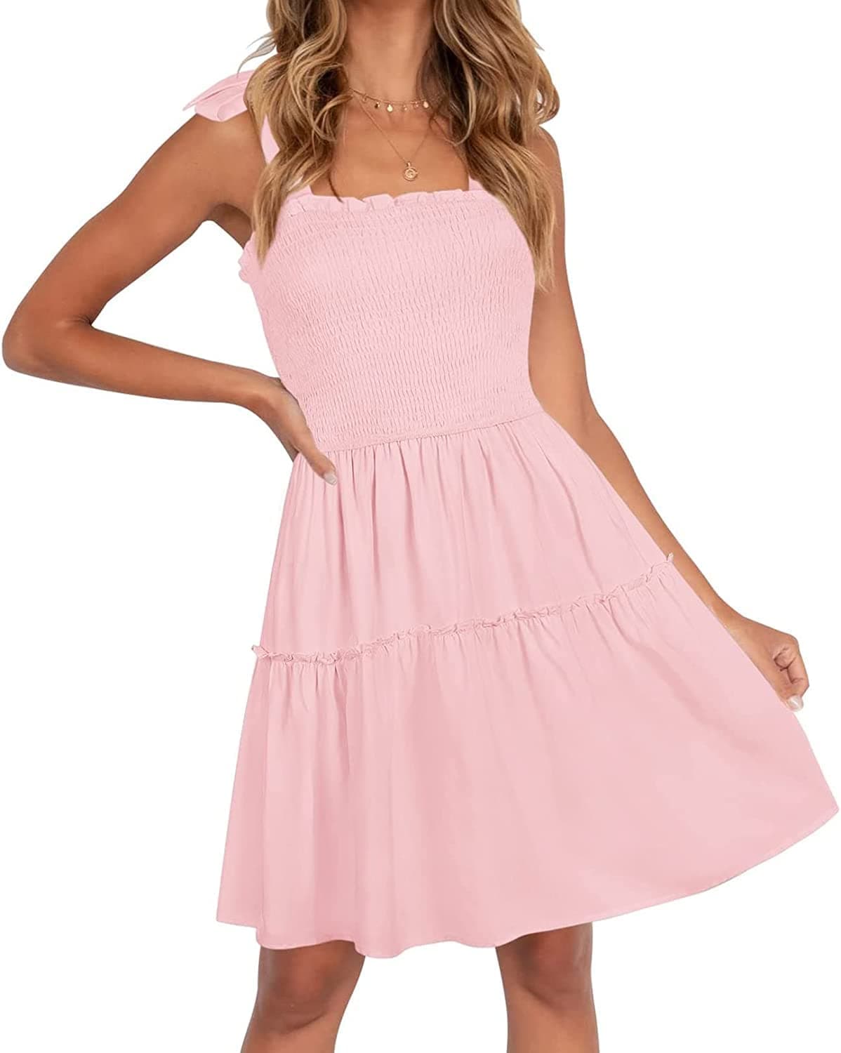 ZESICA Women's 2023 Summer Spaghetti Strap Sleeveless Square Neck Ruffle A Line Swing Mini Dress - Pink - Medium