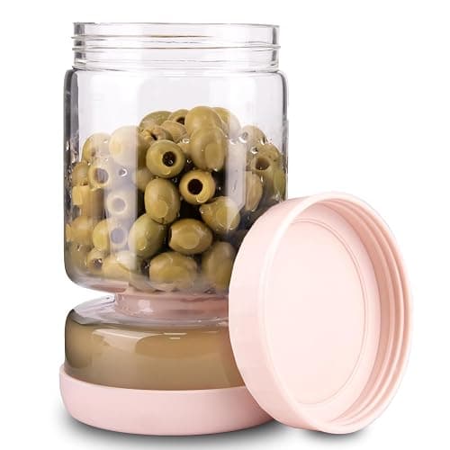 Homnoble Pickle and Olive Hourglass Jar with Strainer Flip for Juice Separator from Wet and Dry, Upgrade Food-grade ABS Lid and BPA Free Hourglass Pickle Jar for Airtight Food Storage, Pink - Image 1
