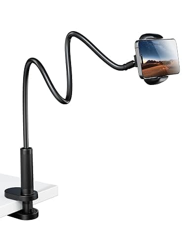 Klsniur Gooseneck Phone Holder for Bed – 360° Flexible Adjustable Clamp, Long Arm Gooseneck Bracket for Desk Headboard Bedside, Compatible with iPhone 16 15 Pro Max XR X 8 7 & 3.5-7" Devices (Black) - Image 1