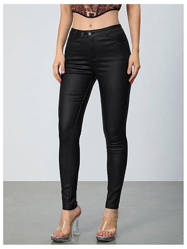 MakeMeChic Women's Faux Leather Stretch Skinny Pants High Waisted Double Button Leggings Club Party Pants thumbnail 5